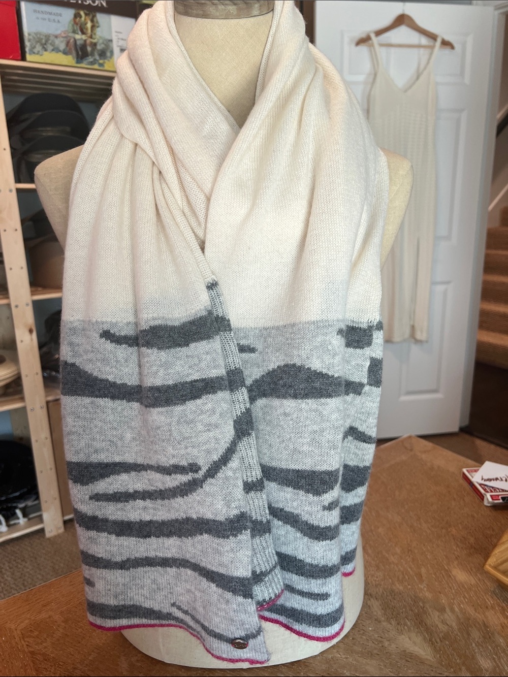Labeled Thread- Knit Cashmere Wrap Scarf in Cream,Grays & fuchsia highlight